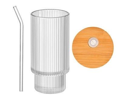 01 Nuevo: Vaso de cristal acanalado con tapa de bambú y pajita para beber de vidrio, 350ML. Taza de café helado para cóctel y cerveza
