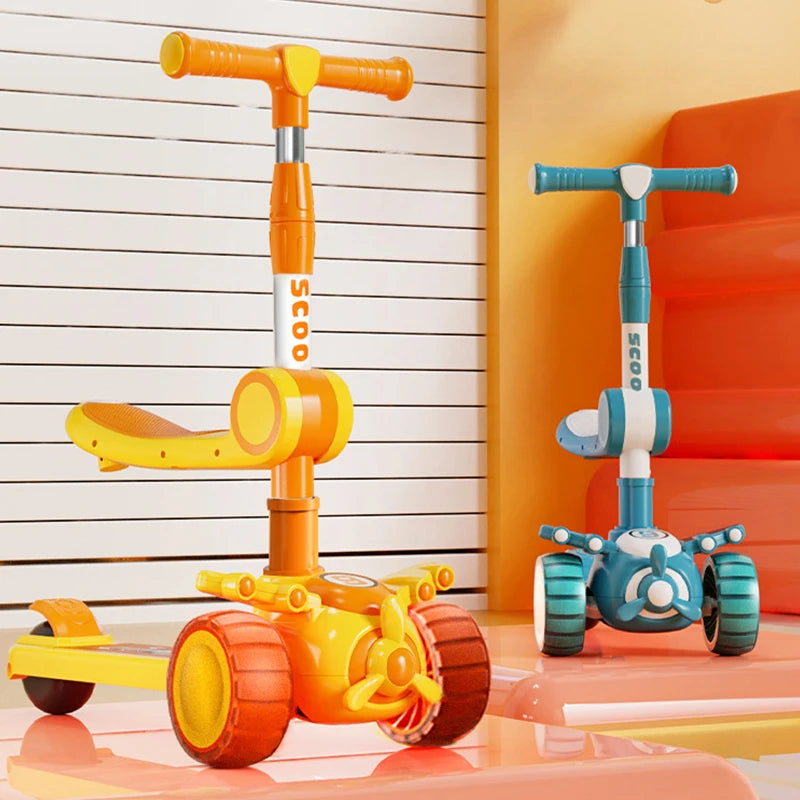 01 Preventa Patinete plegable para niños, Scooter avioncito de pie y sentado con altavoz de música, 3 ruedas, 4 niveles de altura ajustable, ciclismo para niños de 3 a 6 años