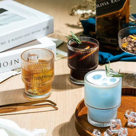 01 Nuevo: Vasos acanalados de cristal Vintage, para cóctel, whisky, jugo, café.320ml