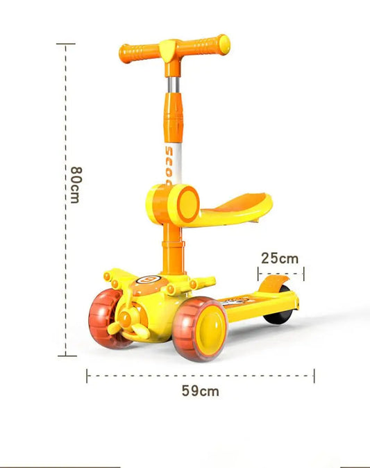 01 Preventa Patinete plegable para niños, Scooter avioncito de pie y sentado con altavoz de música, 3 ruedas, 4 niveles de altura ajustable, ciclismo para niños de 3 a 6 años